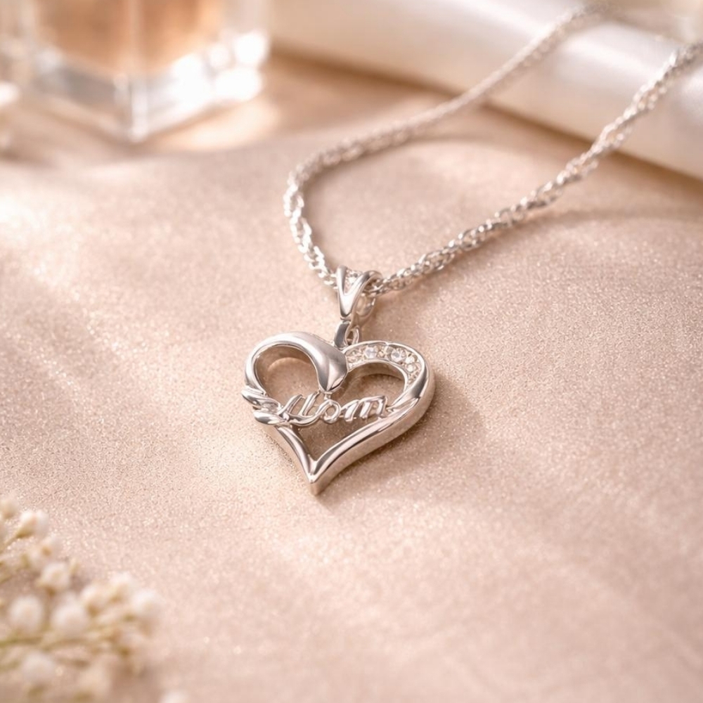 Elegant Silver Heart Mom Pendant Necklace